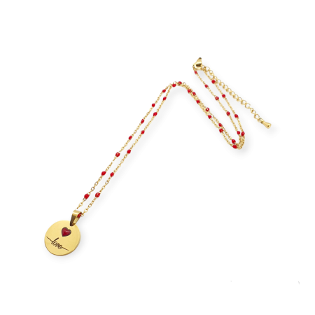 necklace steel gold chain red beads and round element love1